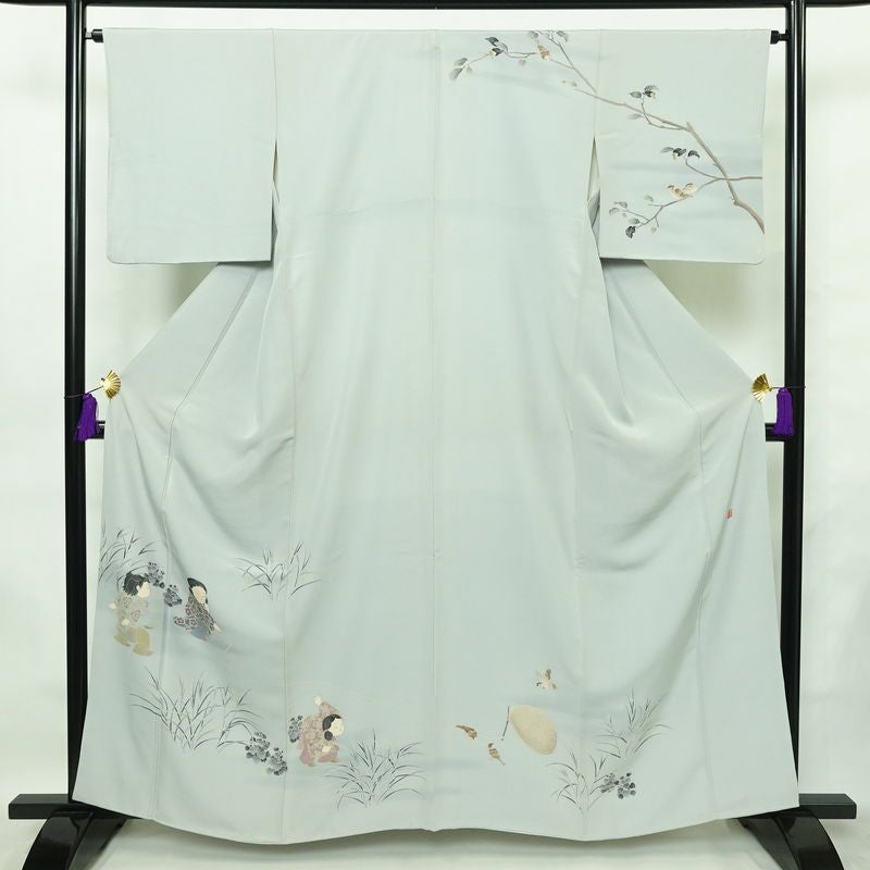 訪問着 十日町友禅 関口遼一 落款入り 縮緬 一つ紋付き 正絹 人物・動物柄 袷仕立て 身丈160.5cm 裄丈65.5cm フォーマル 着物 青・紺_画像1