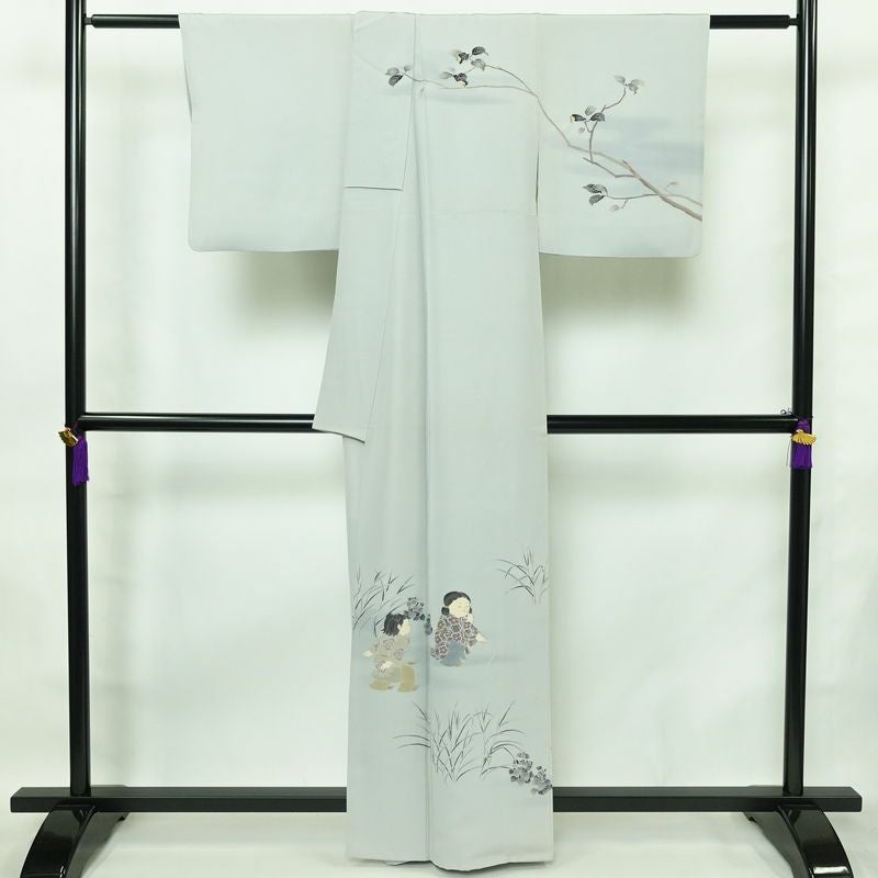 訪問着 十日町友禅 関口遼一 落款入り 縮緬 一つ紋付き 正絹 人物・動物柄 袷仕立て 身丈160.5cm 裄丈65.5cm フォーマル 着物 青・紺_画像2