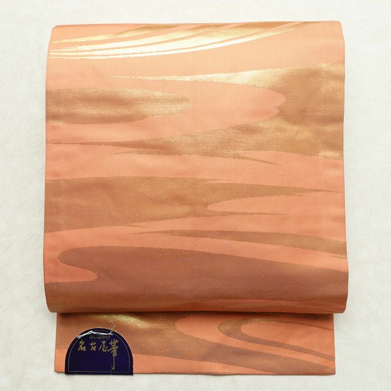 名古屋帯 六通柄 良品 正絹 流水・波柄 名古屋仕立て 箔 帯 橙_画像1