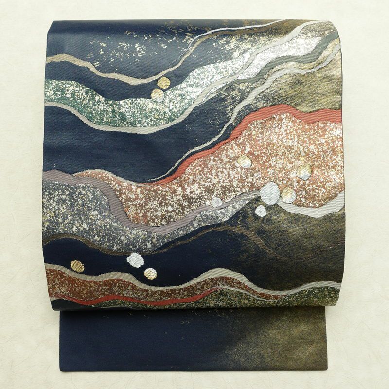 名古屋帯 太鼓柄 美品 正絹 流水・波柄 名古屋仕立て 箔 帯 青・紺_画像1