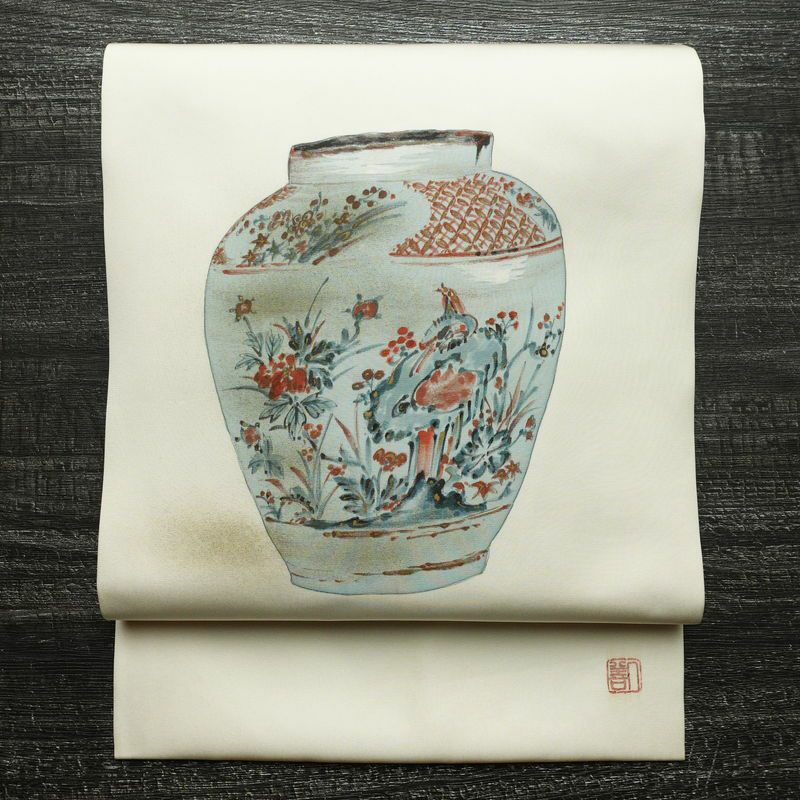 名古屋帯 太鼓柄 落款入り 正絹 その他の柄 名古屋仕立て 箔 帯 クリーム_画像1