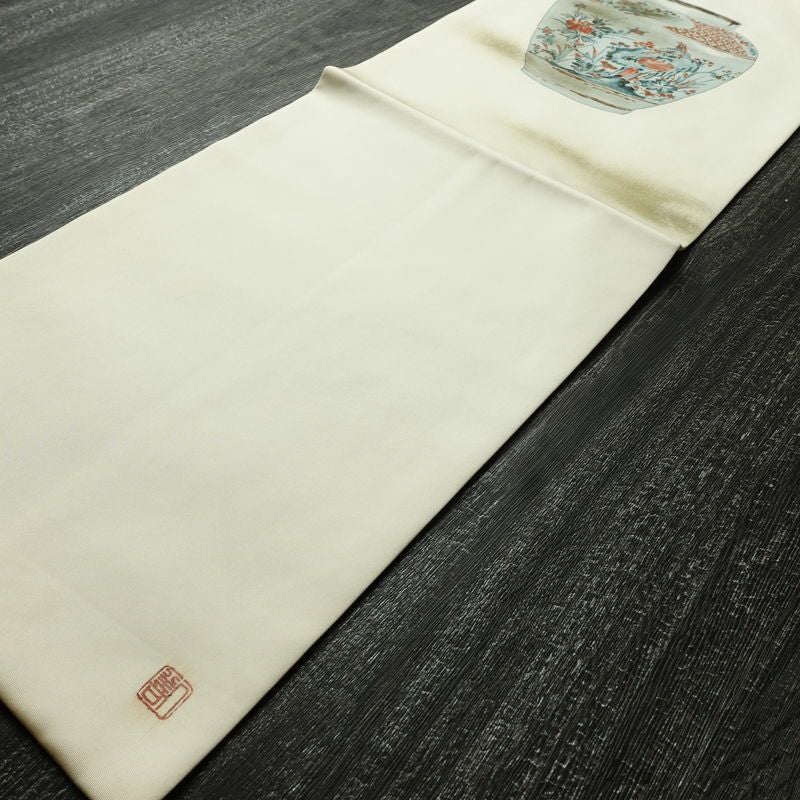 名古屋帯 太鼓柄 落款入り 正絹 その他の柄 名古屋仕立て 箔 帯 クリーム_画像8