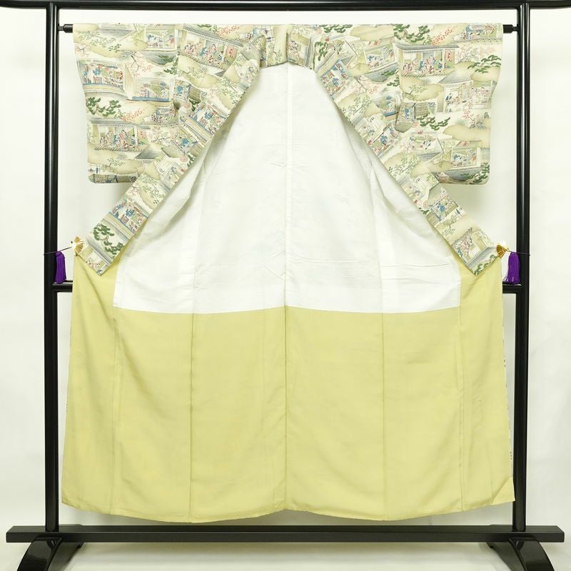 小紋 縮緬 総柄 正絹 風景柄 袷仕立て 身丈152cm 裄丈63.5cm 着物 緑・うぐいす色_画像3