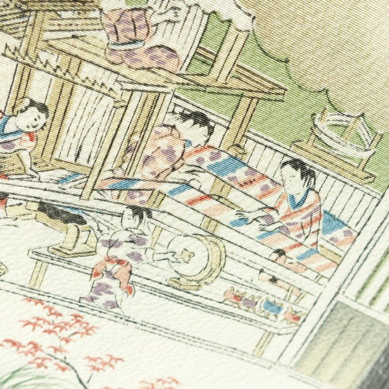 小紋 縮緬 総柄 正絹 風景柄 袷仕立て 身丈152cm 裄丈63.5cm 着物 緑・うぐいす色_画像8