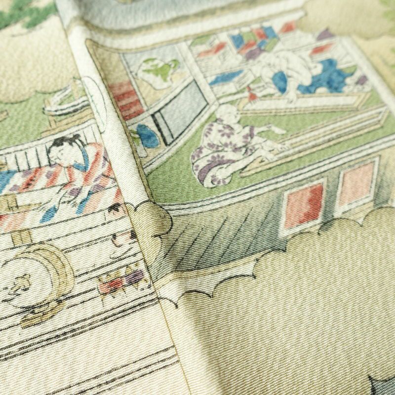 小紋 縮緬 総柄 正絹 風景柄 袷仕立て 身丈152cm 裄丈63.5cm 着物 緑・うぐいす色_画像9