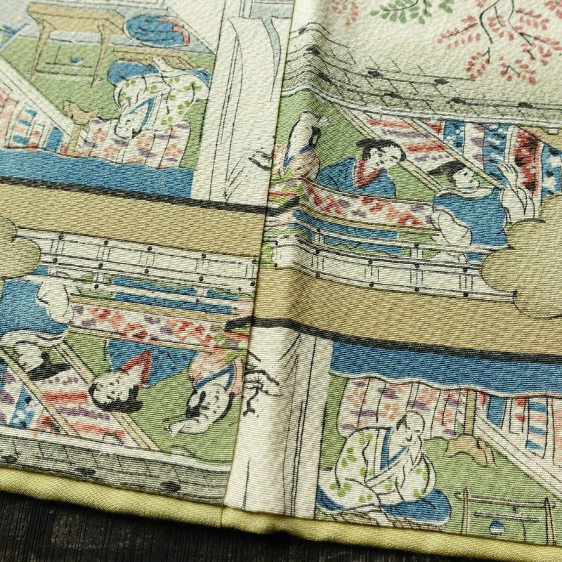 小紋 縮緬 総柄 正絹 風景柄 袷仕立て 身丈152cm 裄丈63.5cm 着物 緑・うぐいす色_画像10