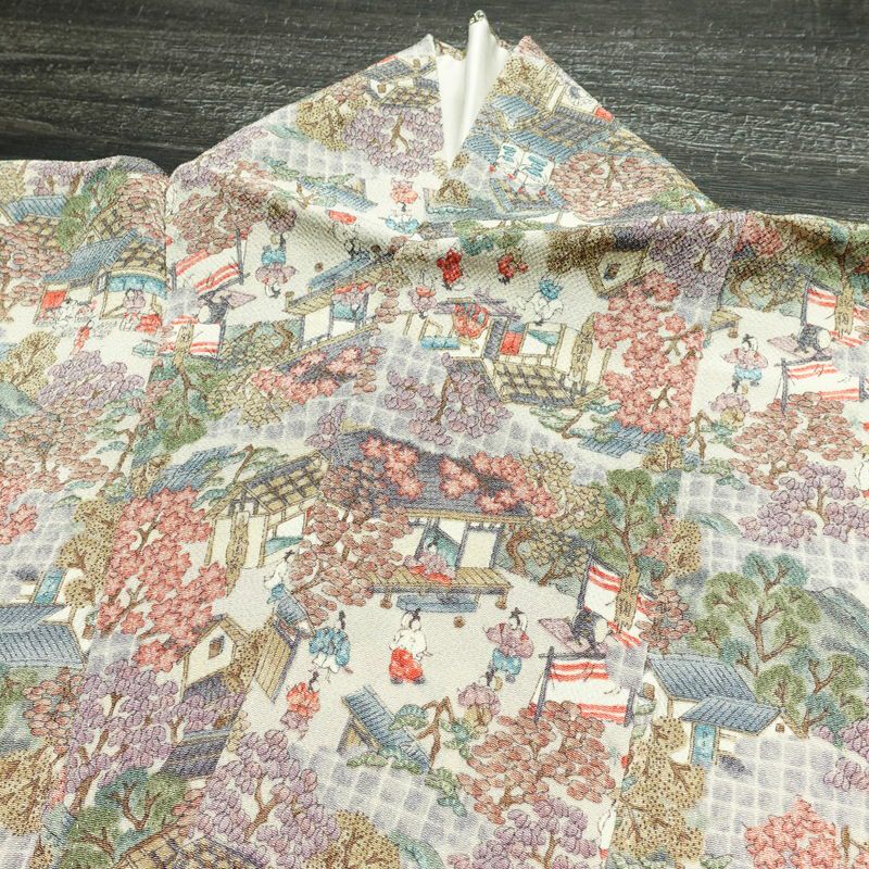 小紋 縮緬 正絹 風景柄 袷仕立て 身丈165cm 裄丈64cm 着物 多色使い_画像15