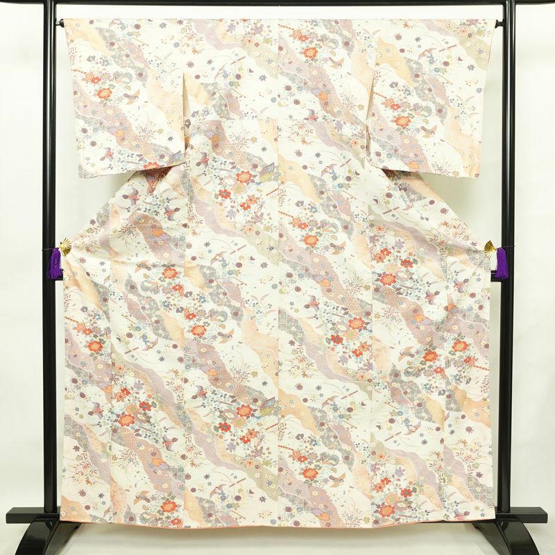 小紋 美品 しつけ糸付き 正絹 古典柄 袷仕立て 身丈162.5cm 裄丈65.5cm 箔 着物 白_画像1