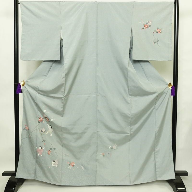 訪問着 紬地 しつけ糸付き 正絹 花柄 袷仕立て 身丈167cm 裄丈67cm フォーマル 着物 青・紺_画像1