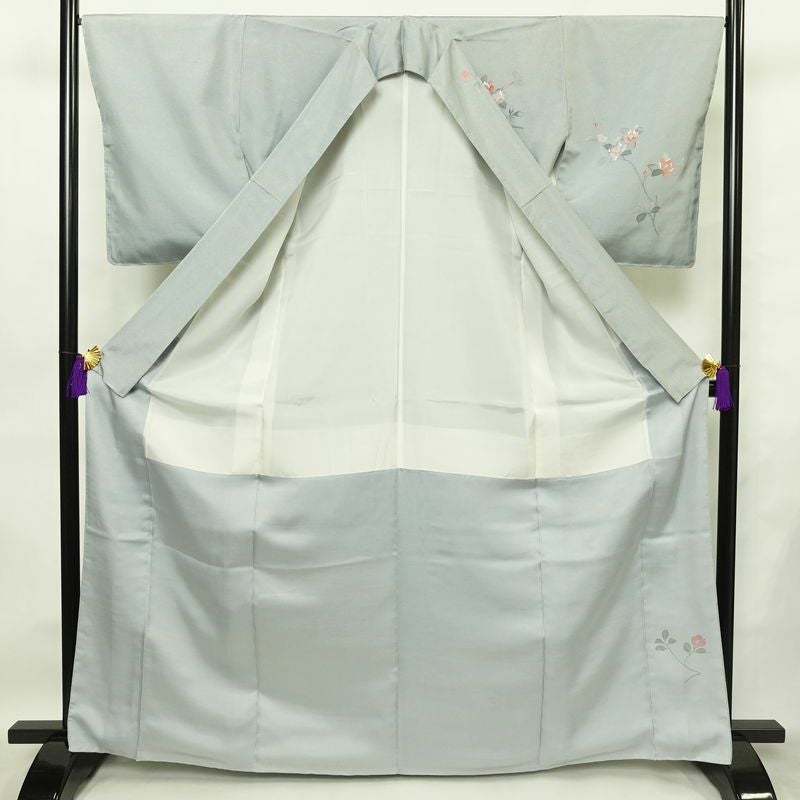 訪問着 紬地 しつけ糸付き 正絹 花柄 袷仕立て 身丈167cm 裄丈67cm フォーマル 着物 青・紺_画像3