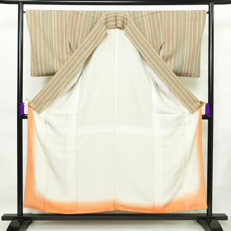 小紋 良品 正絹 縞柄・線柄 袷仕立て 身丈153cm 裄丈66.5cm 着物 緑・うぐいす色_画像3