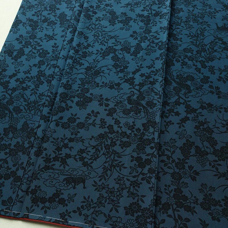 小紋 良品 しつけ糸付き 縮緬 正絹 花柄 袷仕立て 身丈158cm 裄丈66cm 着物 青・紺_画像4