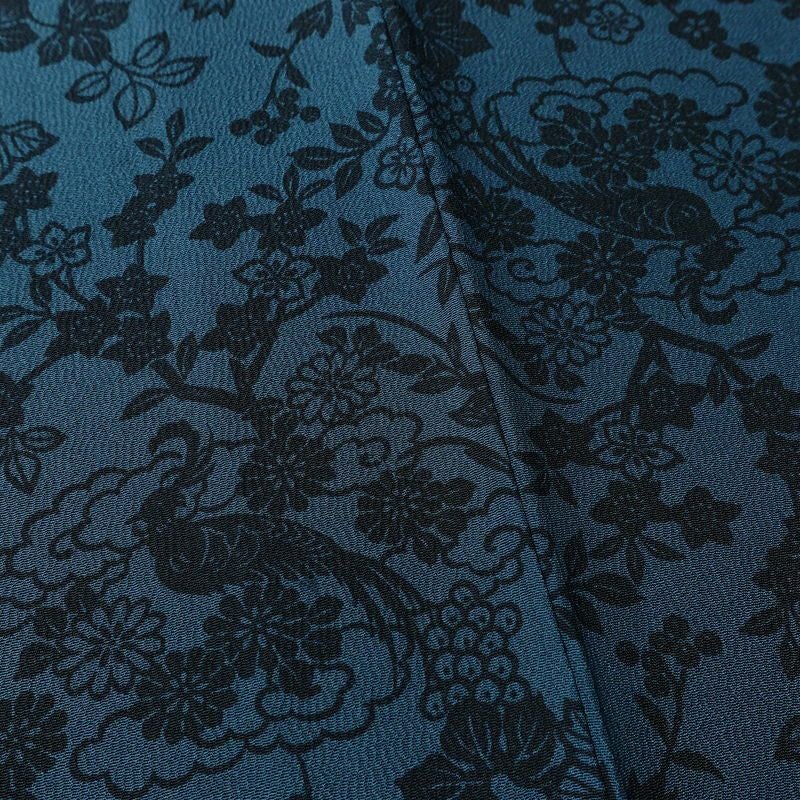 小紋 良品 しつけ糸付き 縮緬 正絹 花柄 袷仕立て 身丈158cm 裄丈66cm 着物 青・紺_画像9