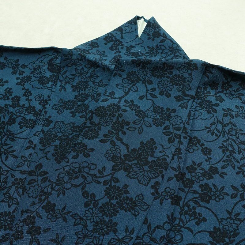 小紋 良品 しつけ糸付き 縮緬 正絹 花柄 袷仕立て 身丈158cm 裄丈66cm 着物 青・紺_画像15
