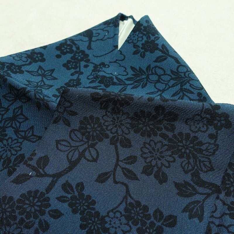 小紋 良品 しつけ糸付き 縮緬 正絹 花柄 袷仕立て 身丈158cm 裄丈66cm 着物 青・紺_画像16