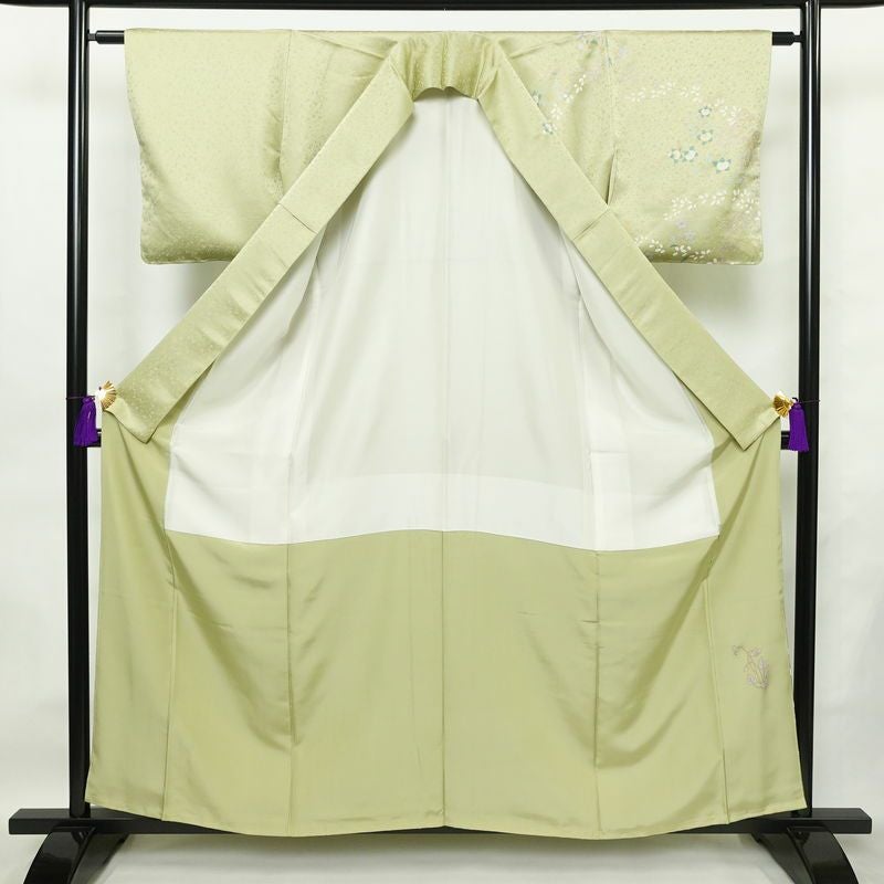 訪問着 良品 正絹 木の葉・植物柄 袷仕立て 身丈158.5cm 裄丈62cm 一部しつけ糸付き 金彩 フォーマル 着物 緑・うぐいす色_画像3