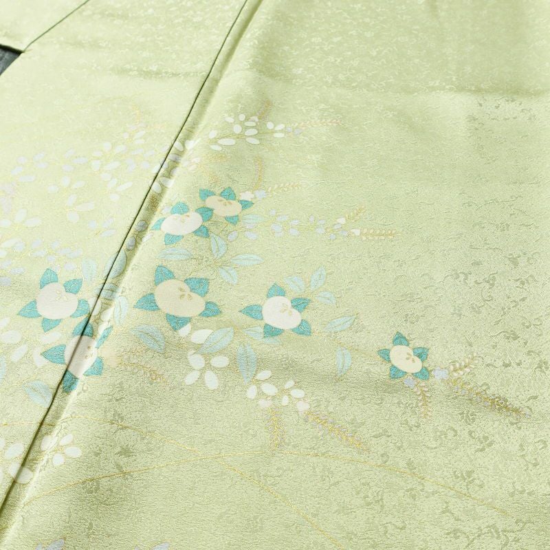 訪問着 良品 正絹 木の葉・植物柄 袷仕立て 身丈158.5cm 裄丈62cm 一部しつけ糸付き 金彩 フォーマル 着物 緑・うぐいす色_画像5