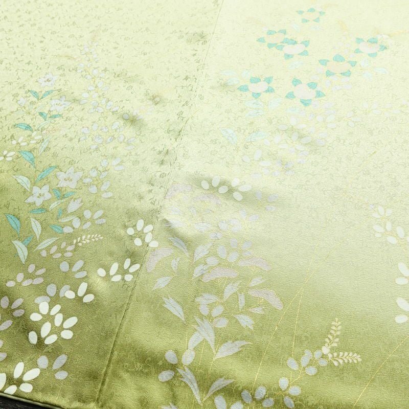 訪問着 良品 正絹 木の葉・植物柄 袷仕立て 身丈158.5cm 裄丈62cm 一部しつけ糸付き 金彩 フォーマル 着物 緑・うぐいす色_画像13