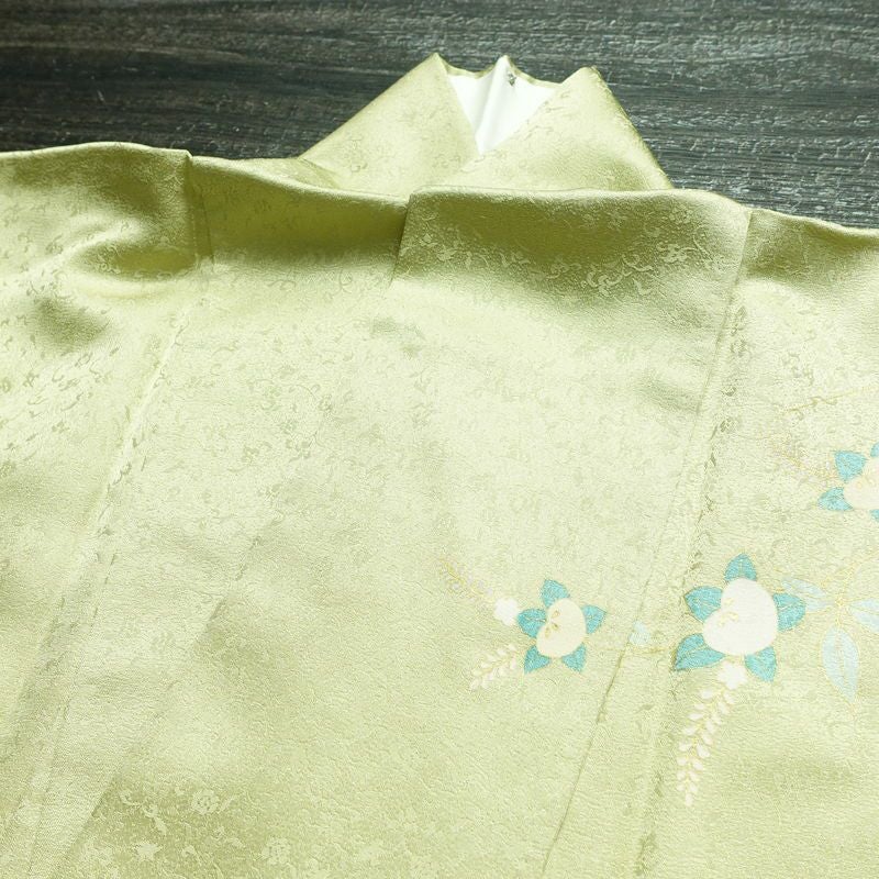 訪問着 良品 正絹 木の葉・植物柄 袷仕立て 身丈158.5cm 裄丈62cm 一部しつけ糸付き 金彩 フォーマル 着物 緑・うぐいす色_画像18