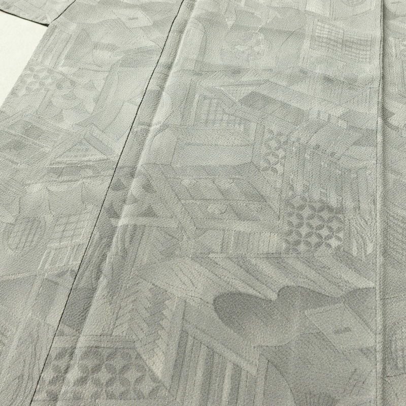 小紋 縮緬 正絹 風景柄 袷仕立て 身丈160.5cm 裄丈64.5cm 着物 グレー_画像5