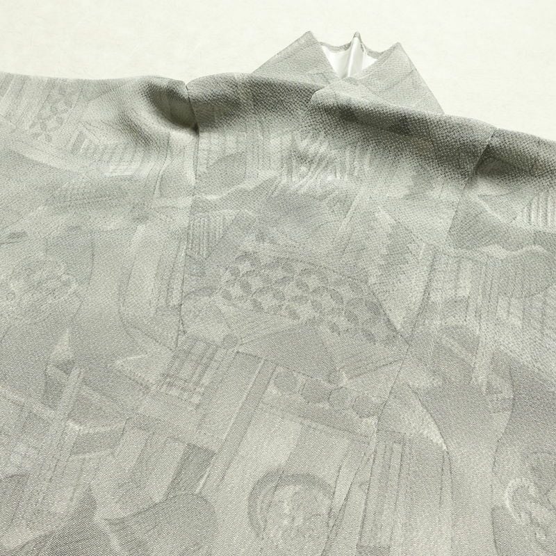 小紋 縮緬 正絹 風景柄 袷仕立て 身丈160.5cm 裄丈64.5cm 着物 グレー_画像16