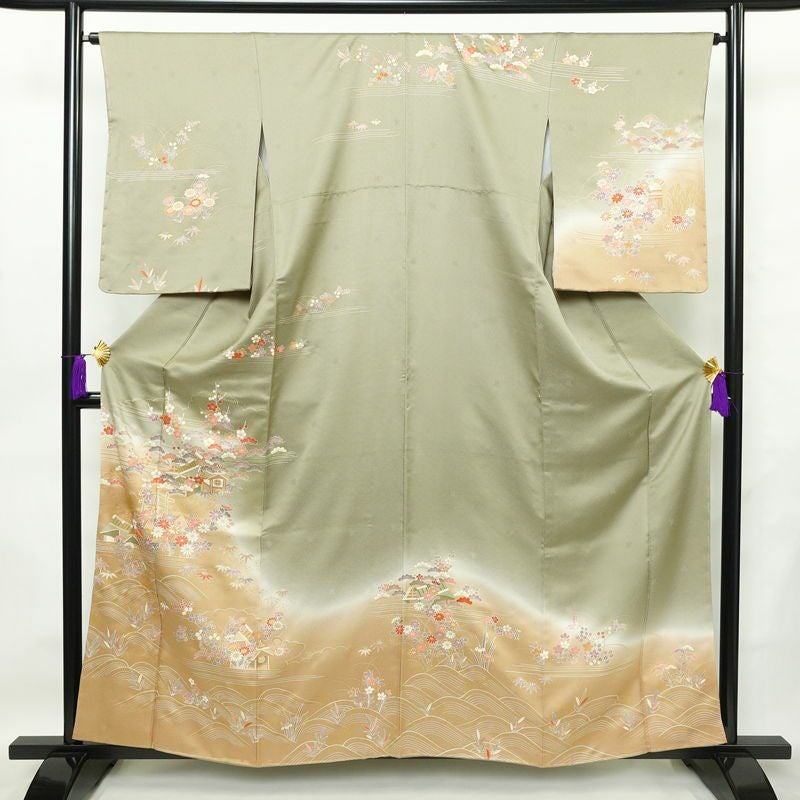 訪問着 良品 しつけ糸付き 金駒刺繍 綸子 正絹 古典柄 袷仕立て 身丈159.5cm 裄丈65.5cm 金彩 フォーマル 着物 緑・うぐいす色_画像1