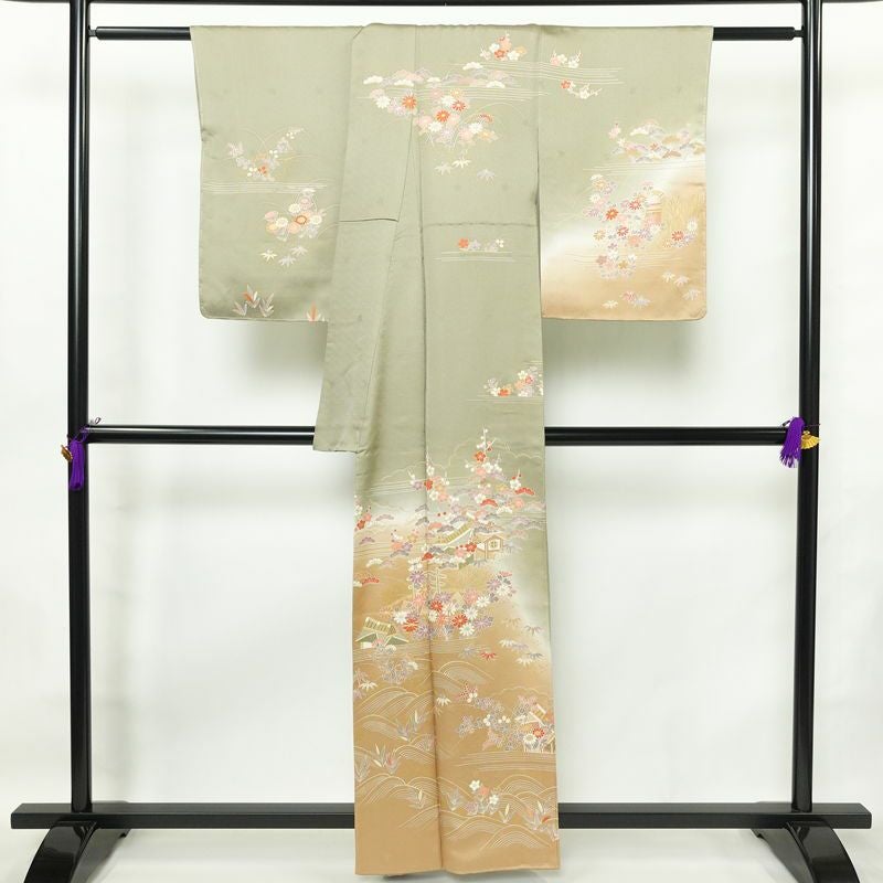 訪問着 良品 しつけ糸付き 金駒刺繍 綸子 正絹 古典柄 袷仕立て 身丈159.5cm 裄丈65.5cm 金彩 フォーマル 着物 緑・うぐいす色_画像2