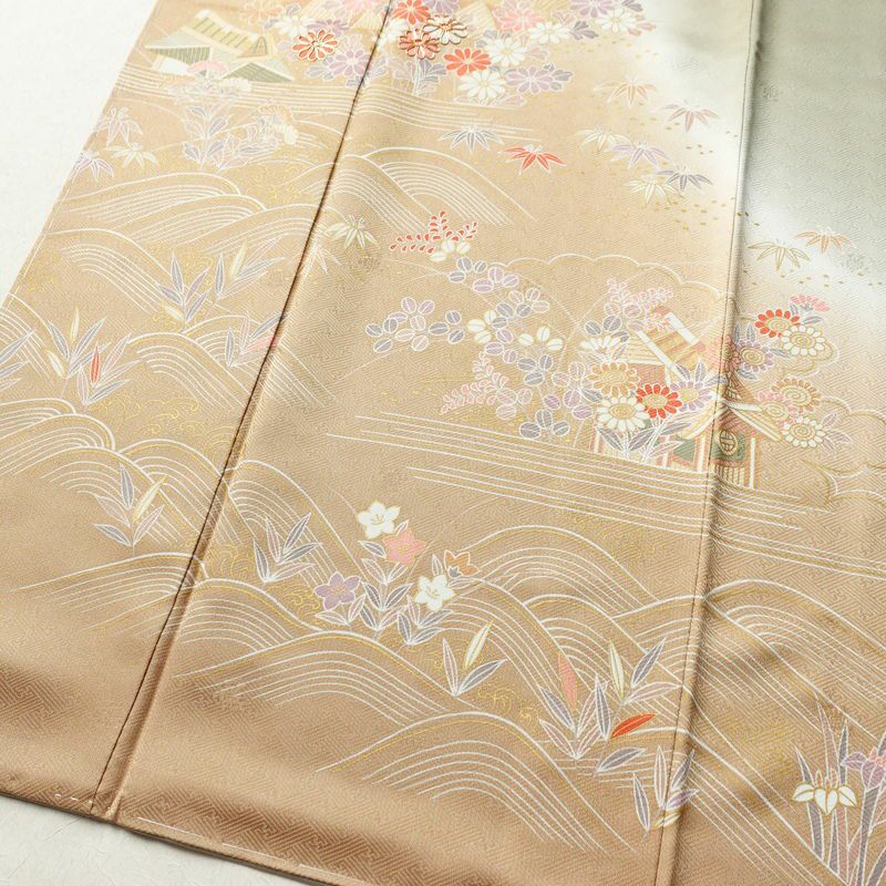 訪問着 良品 しつけ糸付き 金駒刺繍 綸子 正絹 古典柄 袷仕立て 身丈159.5cm 裄丈65.5cm 金彩 フォーマル 着物 緑・うぐいす色_画像4