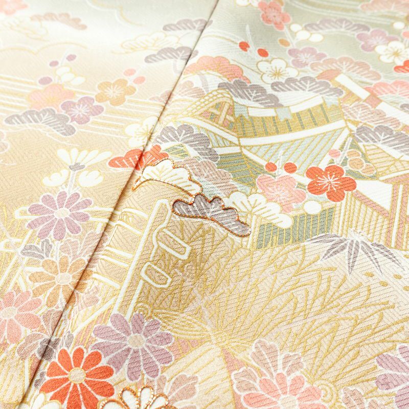 訪問着 良品 しつけ糸付き 金駒刺繍 綸子 正絹 古典柄 袷仕立て 身丈159.5cm 裄丈65.5cm 金彩 フォーマル 着物 緑・うぐいす色_画像6