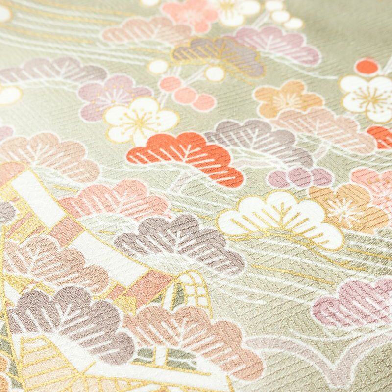 訪問着 良品 しつけ糸付き 金駒刺繍 綸子 正絹 古典柄 袷仕立て 身丈159.5cm 裄丈65.5cm 金彩 フォーマル 着物 緑・うぐいす色_画像8