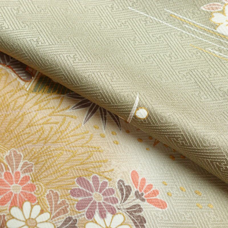 訪問着 良品 しつけ糸付き 金駒刺繍 綸子 正絹 古典柄 袷仕立て 身丈159.5cm 裄丈65.5cm 金彩 フォーマル 着物 緑・うぐいす色_画像20