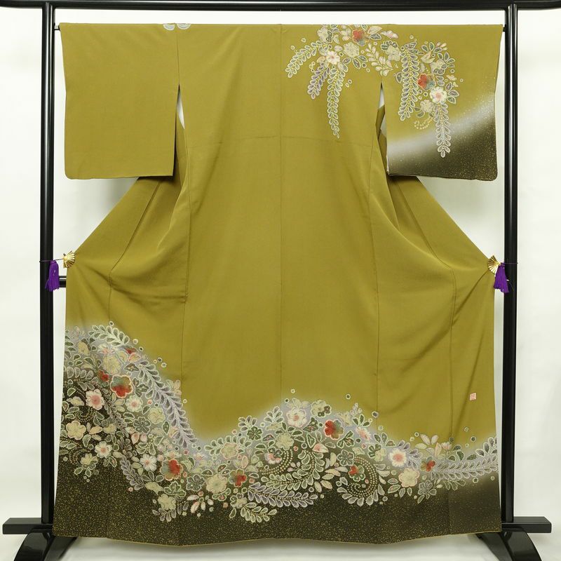 未着用に近い！辻が花＊落款付き＊総柄＊ラグジュアリー＊訪問着＊１６２ｃｍ＊裄６７ 訪問着 辻が花 落款入り 縮緬 絞り 正絹 花柄 袷仕立て 身丈162cm 裄丈