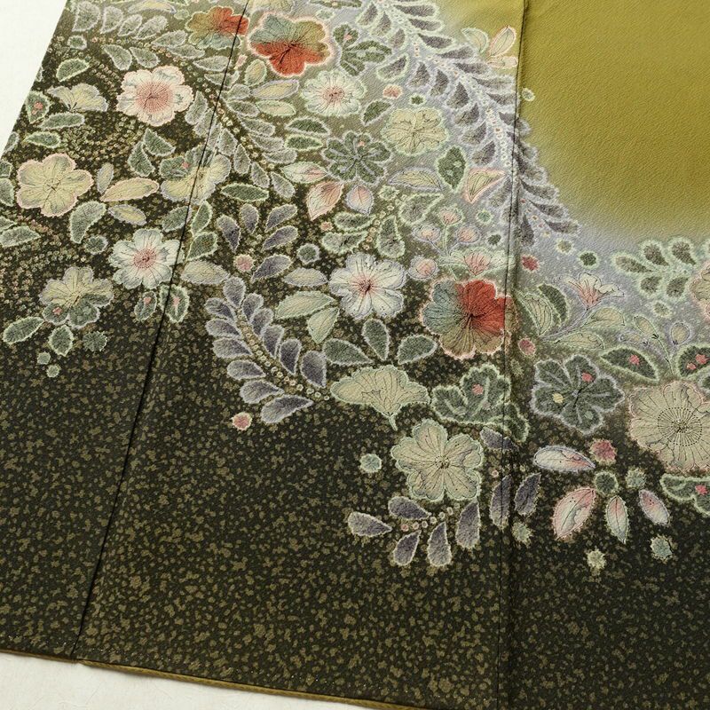 訪問着 辻が花 落款入り 縮緬 絞り 正絹 花柄 袷仕立て 身丈162cm 裄丈67.5cm 着物 緑・うぐいす色_画像4