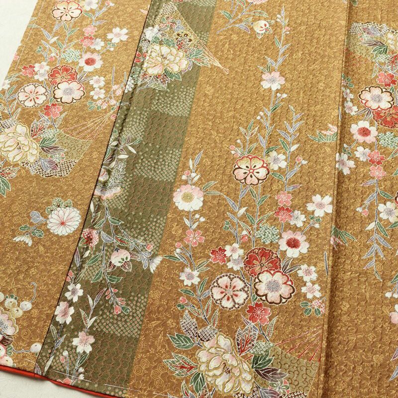 小紋 良品 しつけ糸付き 正絹 花柄 袷仕立て 身丈164.5cm 裄丈67.5cm 金彩 桜	着物 茶_画像4