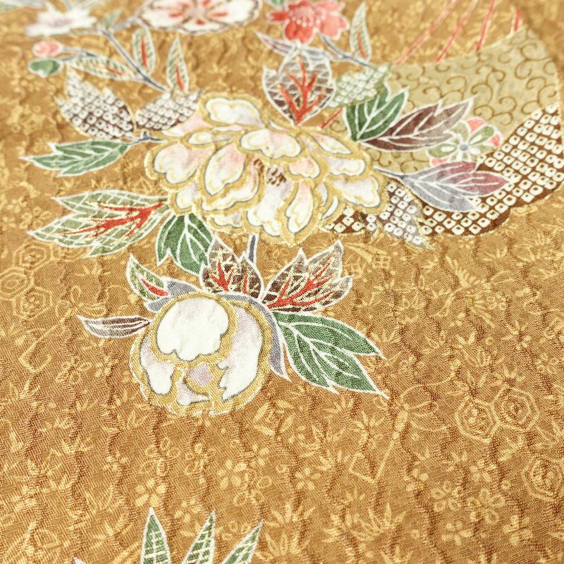小紋 良品 しつけ糸付き 正絹 花柄 袷仕立て 身丈164.5cm 裄丈67.5cm 金彩 桜	着物 茶_画像6