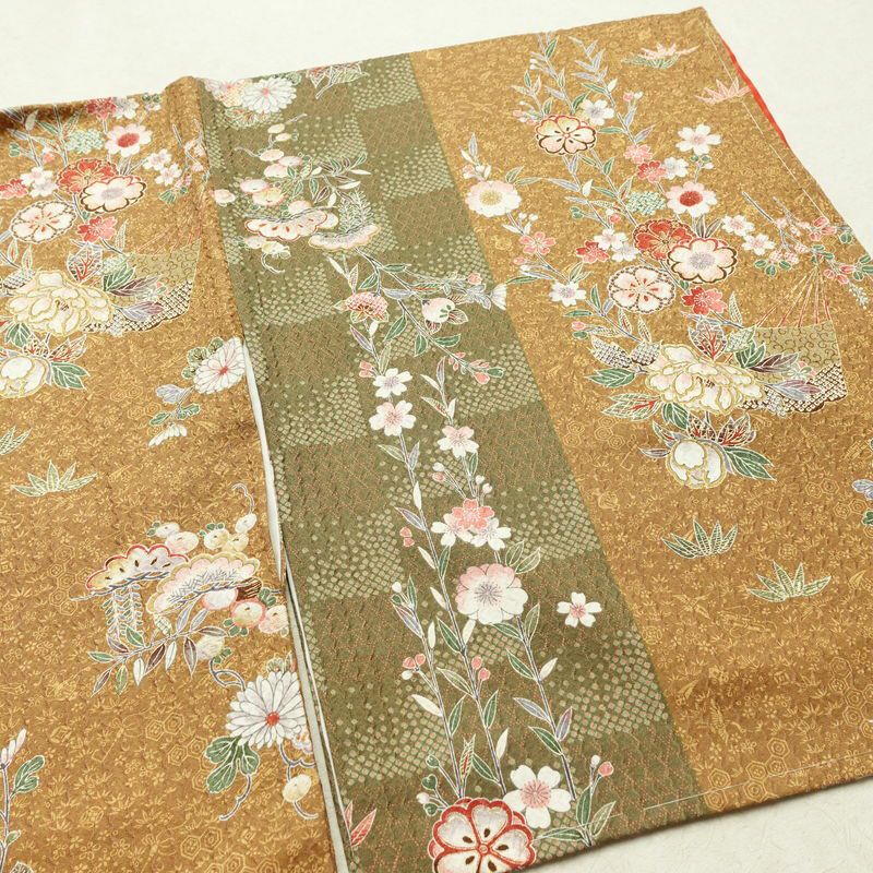 小紋 良品 しつけ糸付き 正絹 花柄 袷仕立て 身丈164.5cm 裄丈67.5cm 金彩 桜	着物 茶_画像13
