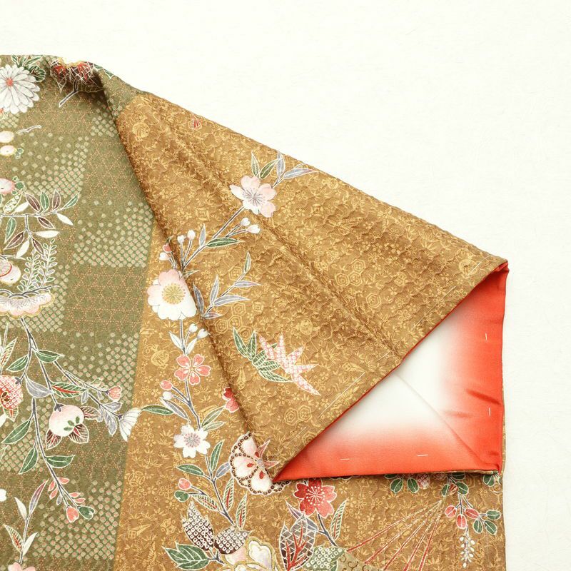 小紋 良品 しつけ糸付き 正絹 花柄 袷仕立て 身丈164.5cm 裄丈67.5cm 金彩 桜	着物 茶_画像14