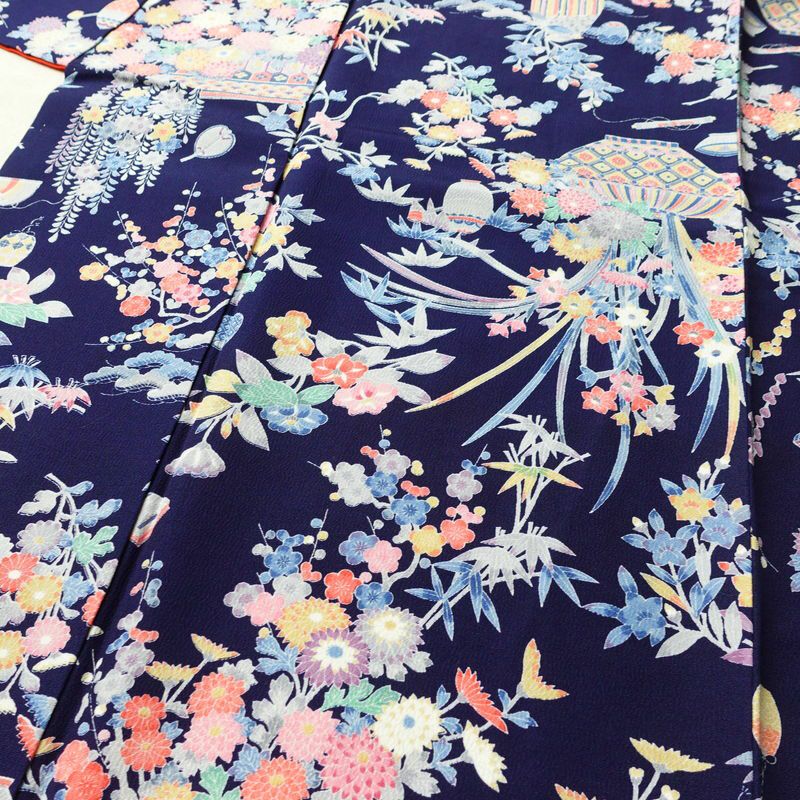 小紋 良品 しつけ糸付き 縮緬 正絹 古典柄 袷仕立て 身丈159.5cm 裄丈66.5cm 着物 青・紺_画像5