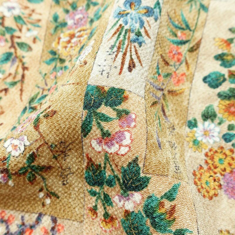 小紋 美品 しつけ糸付き 縮緬 正絹 木の葉・植物柄 袷仕立て 身丈161cm 裄丈66cm 着物 ベージュ_画像21