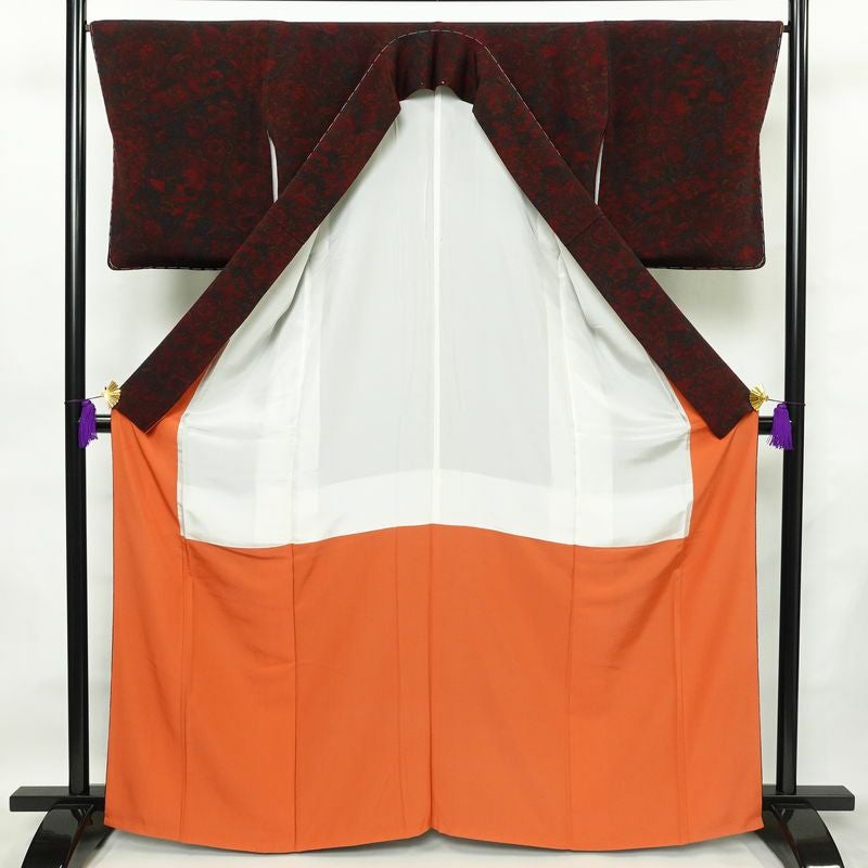 小紋 美品 しつけ糸付き 縮緬 正絹 幾何学柄・抽象柄 袷仕立て 身丈164.5cm 裄丈66.5cm 着物 小豆・エンジ_画像3