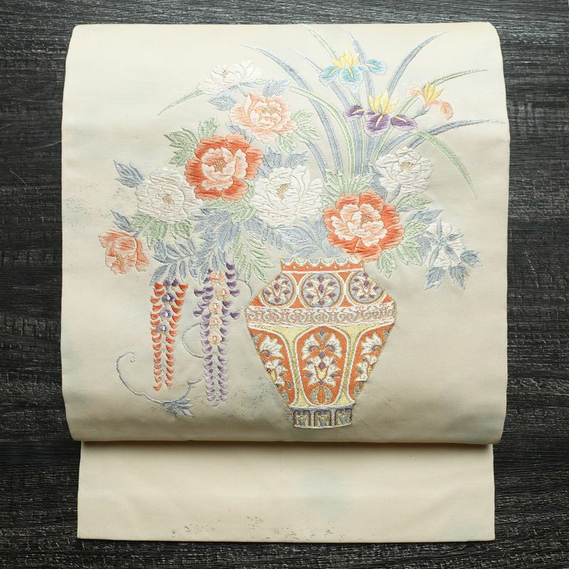 名古屋帯 太鼓柄 正絹 古典柄 名古屋仕立て 箔 刺繍 金糸 帯 ベージュ