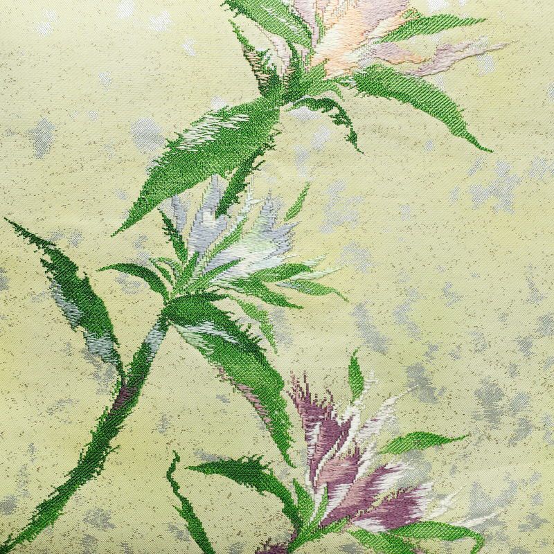 名古屋帯 太鼓柄 正絹 木の葉・植物柄 名古屋仕立て 箔 帯 緑・うぐいす色_画像2