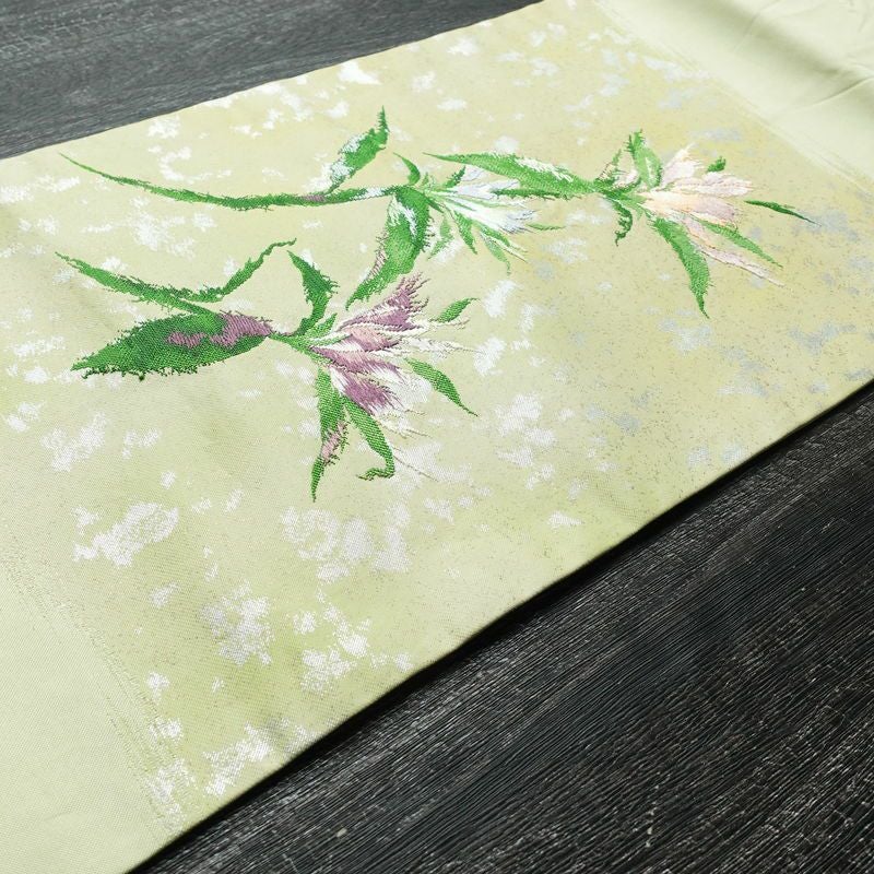 名古屋帯 太鼓柄 正絹 木の葉・植物柄 名古屋仕立て 箔 帯 緑・うぐいす色_画像12