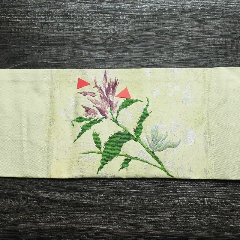 名古屋帯 太鼓柄 正絹 木の葉・植物柄 名古屋仕立て 箔 帯 緑・うぐいす色_画像15