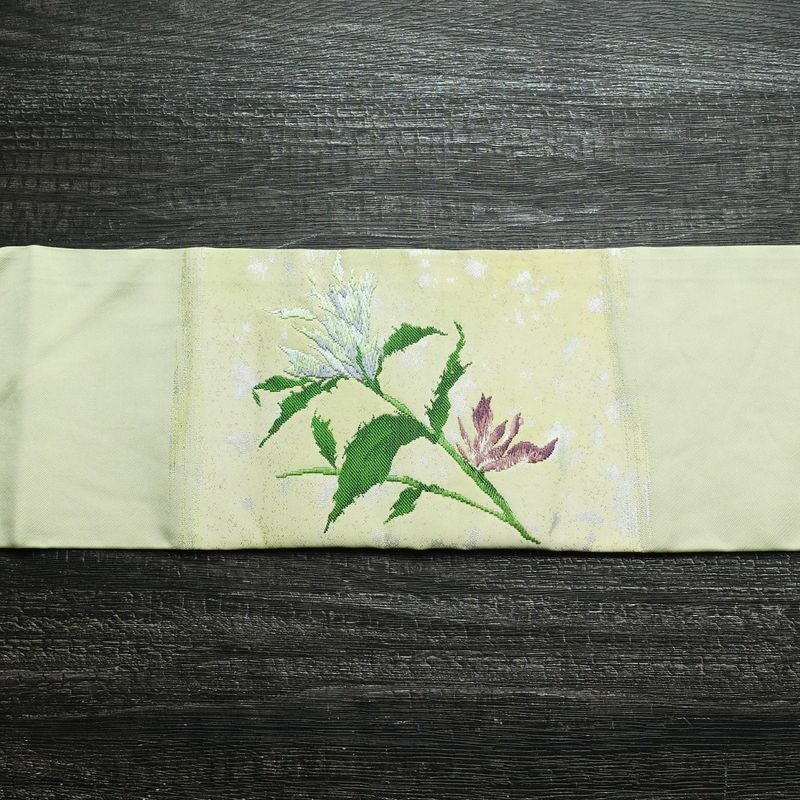 名古屋帯 太鼓柄 正絹 木の葉・植物柄 名古屋仕立て 箔 帯 緑・うぐいす色_画像17