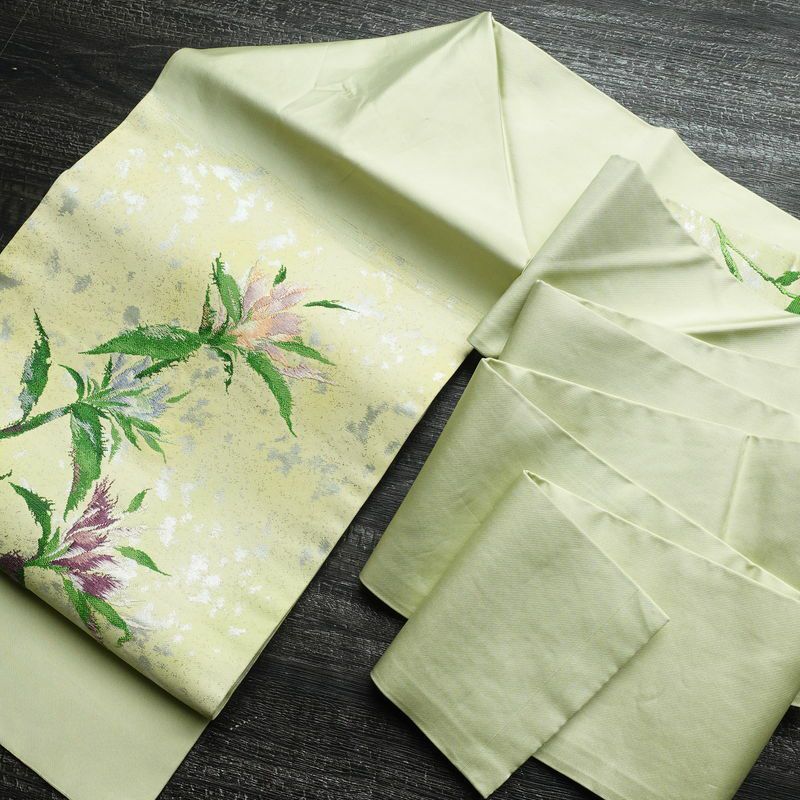 名古屋帯 太鼓柄 正絹 木の葉・植物柄 名古屋仕立て 箔 帯 緑・うぐいす色_画像19