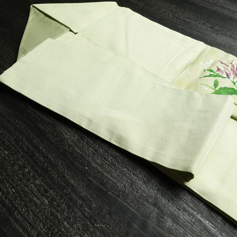 名古屋帯 太鼓柄 正絹 木の葉・植物柄 名古屋仕立て 箔 帯 緑・うぐいす色_画像21