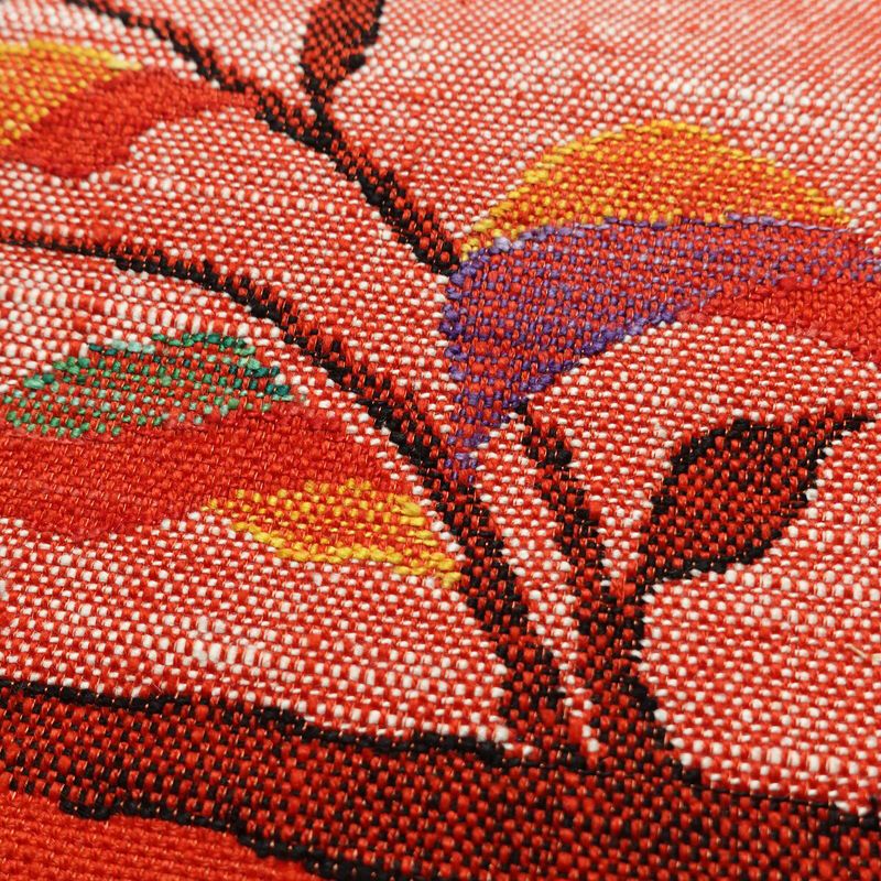 名古屋帯 六通柄 良品 正絹 木の葉・植物柄 通し仕立て 帯 赤・朱_画像3