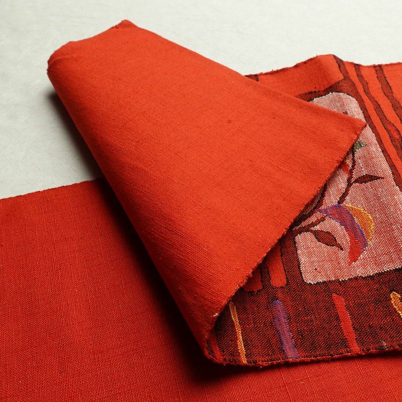 名古屋帯 六通柄 良品 正絹 木の葉・植物柄 通し仕立て 帯 赤・朱_画像9