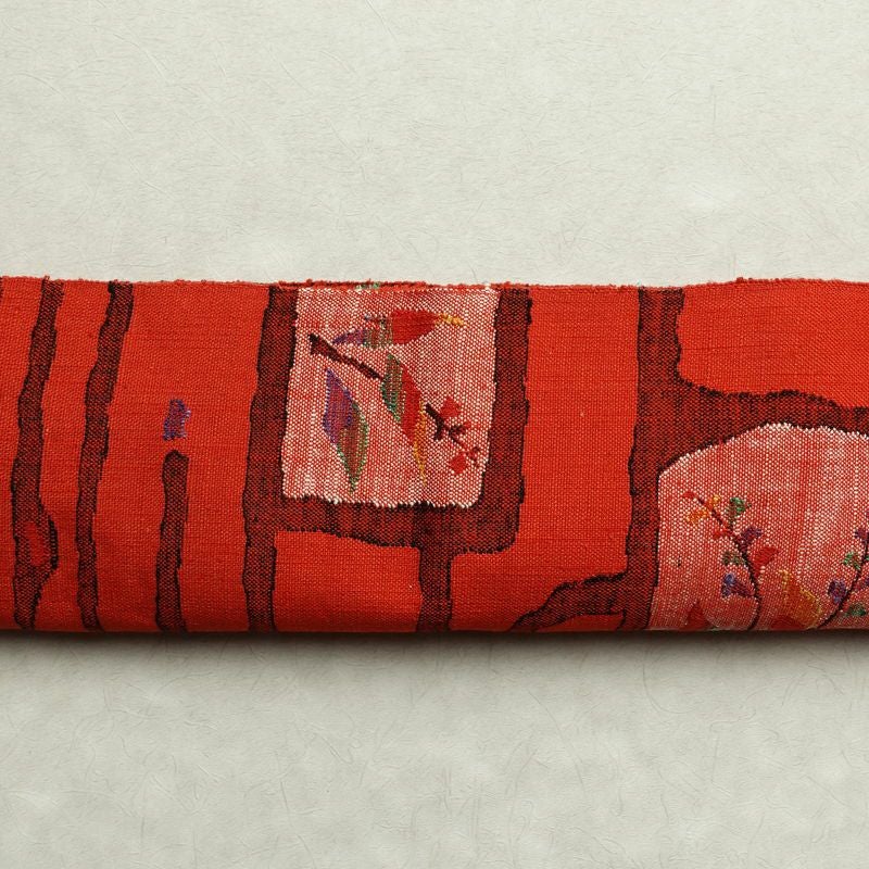 名古屋帯 六通柄 良品 正絹 木の葉・植物柄 通し仕立て 帯 赤・朱_画像14